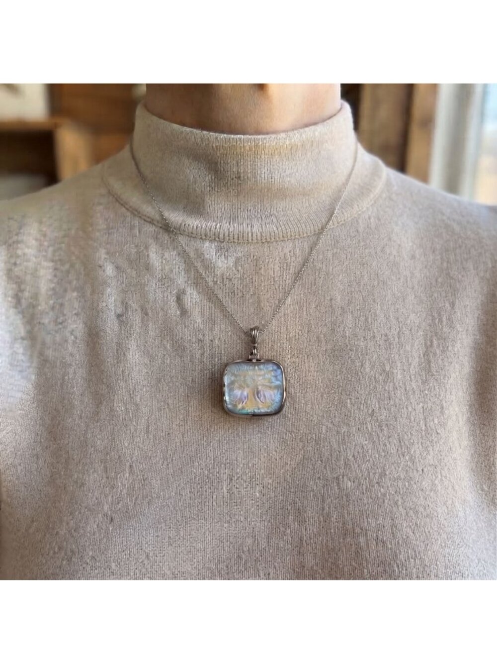 Silver Dichroic Glass Pendant Necklace, Tree of Life Art Glass, 18" Chain